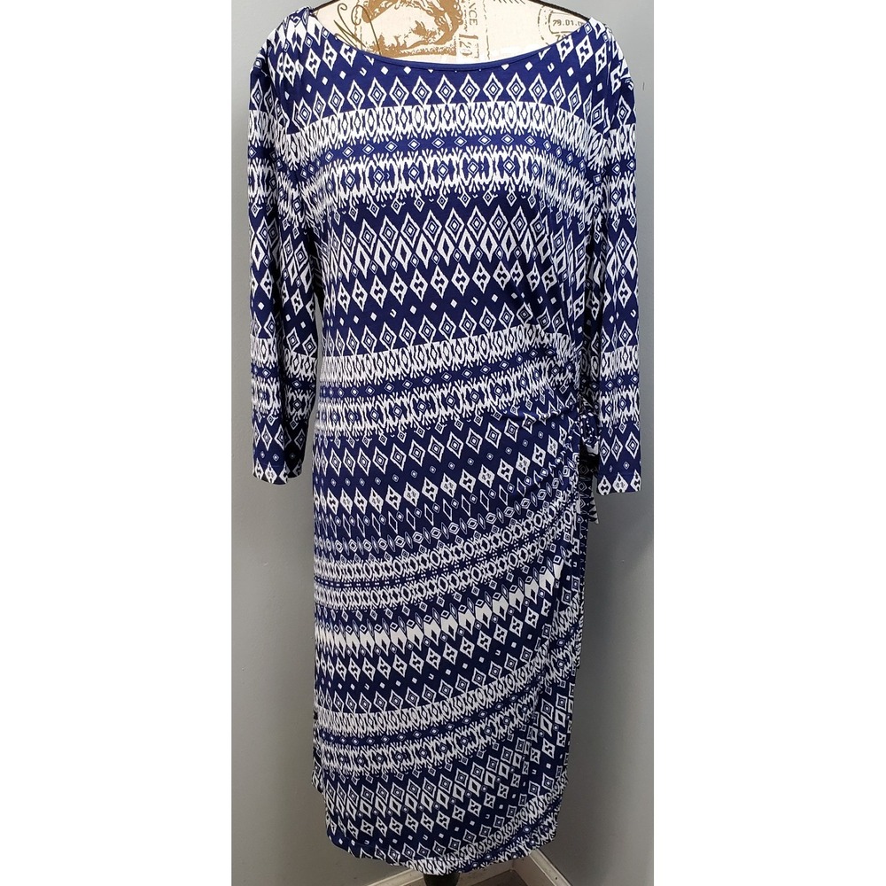 Tahari Arthur S Levine Dress Womens 18W Blue White Patterned Boat Neck Back Zip